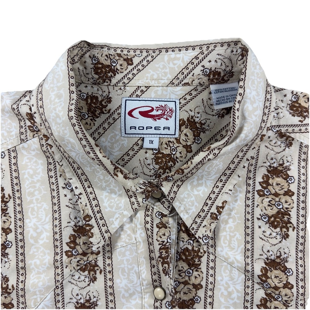 Roper Western Pearl Snap Shirt Women 1X Tan Floral Stripe Cotton Cowgirl Top - Picture 2 of 8